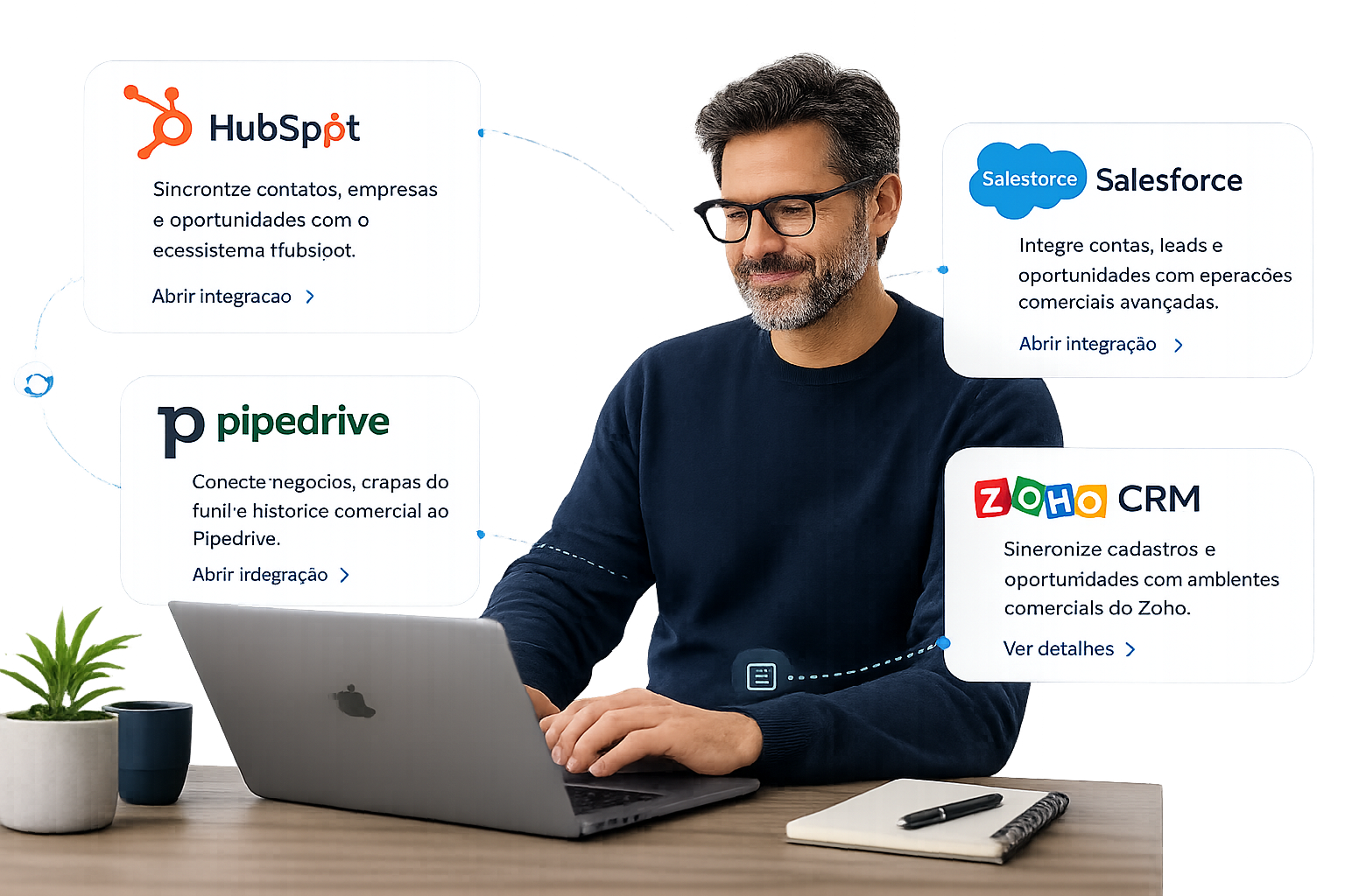 Integrações CRM conectadas ao Yvy Desk com HubSpot, Salesforce, Pipedrive e Zoho CRM